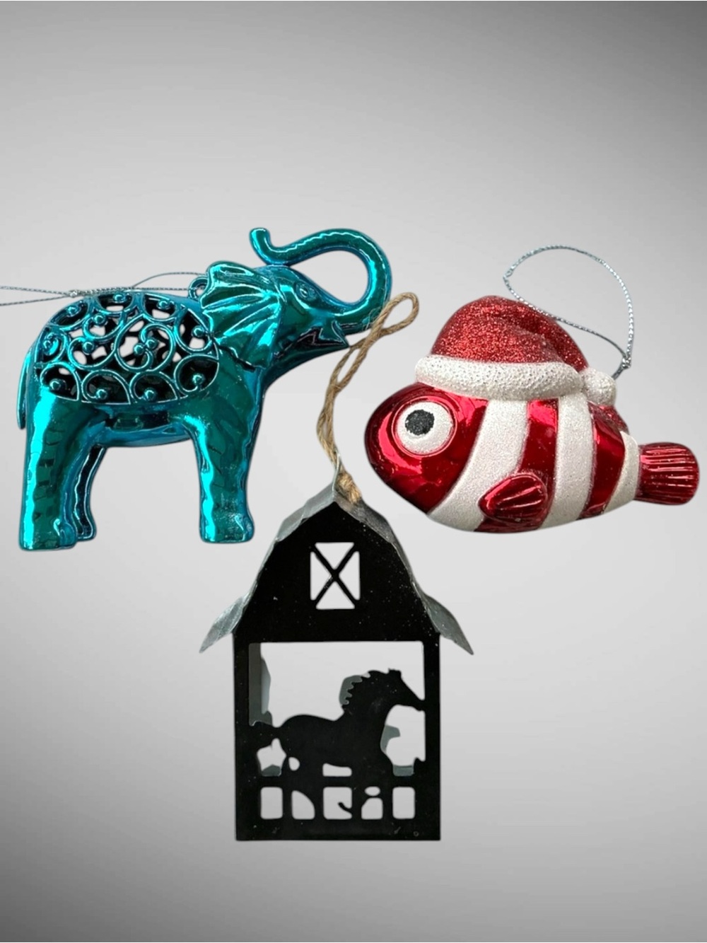 Vintage Mercury Glass Elephant Glass Fish Tin Barn Christmas Ornament Lot